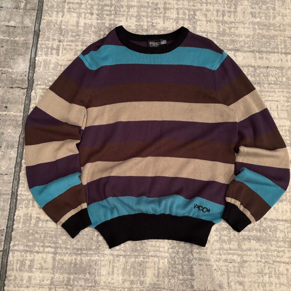 Vintage Volcom Mens Large Striped Knit Sweater Y2K Skater Surf Purple Tan Teal